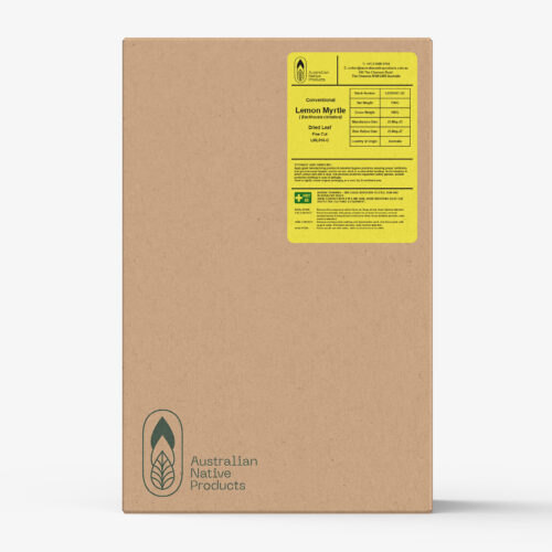 Brown carton of Lemon Myrtle Dried Leaf Fine Cut with yellow product label and USDA Organic certification